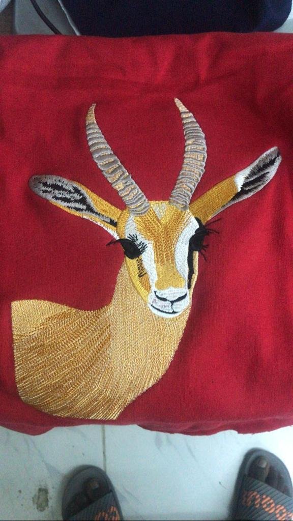 Embroidered gazelle on red fabric