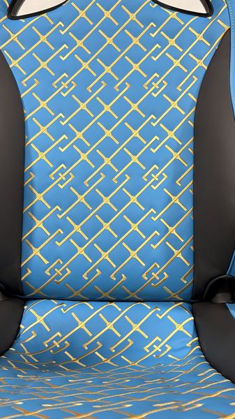 Blue seat with yellow lattice stitching