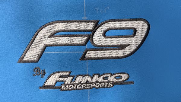F9 Funco Motorsports embroidery, close-up