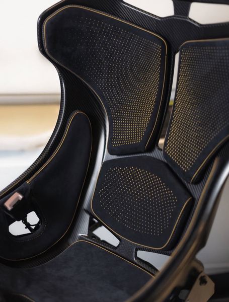 Carbon sport seat, laser-perforated panels, side detail
