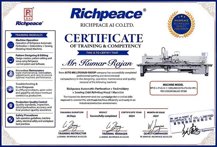 Richpeace AI Co., Ltd. Certificate of Training & Competency awarded to Mr. Kumar Rajan